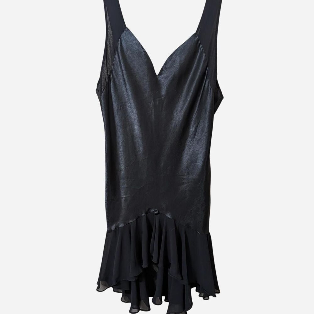 Whimsygoth Black Silk Like Slip Dress Ruffle Hem Fairycore Cocktail Mini